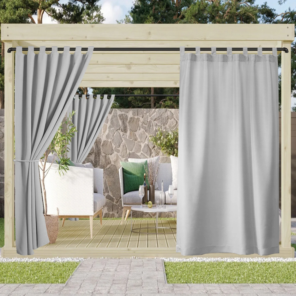 1PC Terrace Waterproof Outdoor Curtain, Wind Resistant Label Top Gazebo Curtain, Privacy Sun Protection Exterior Curtain