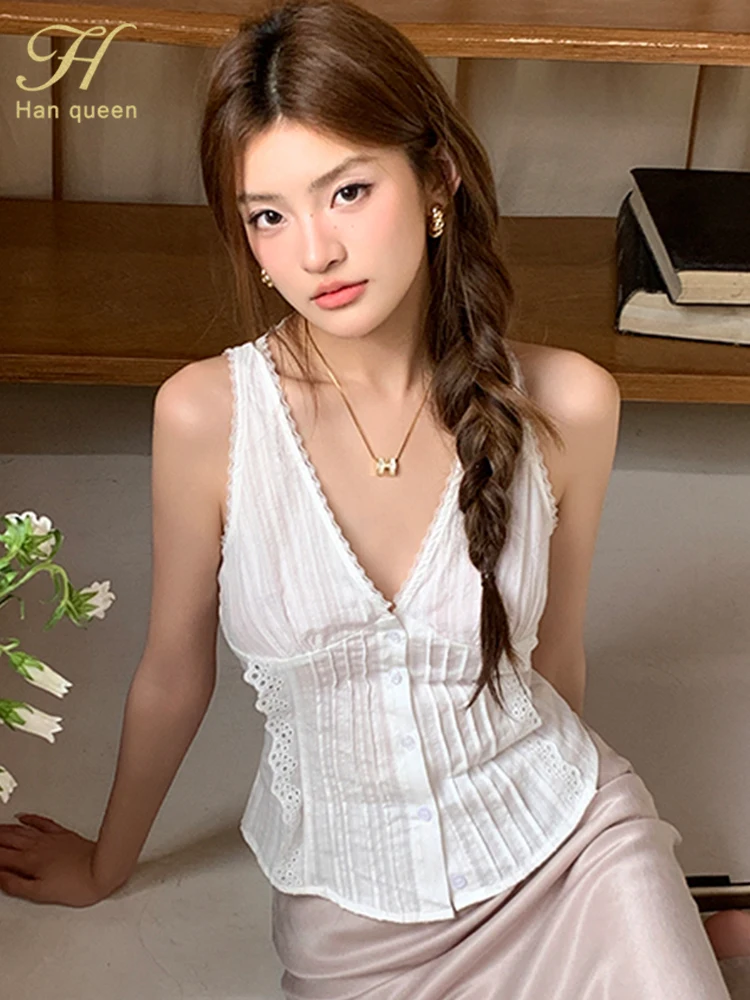 

New Work Casual Women's Vintage Shirts Summer White Lace Top Sleeveless Slimming Fashion Blouses