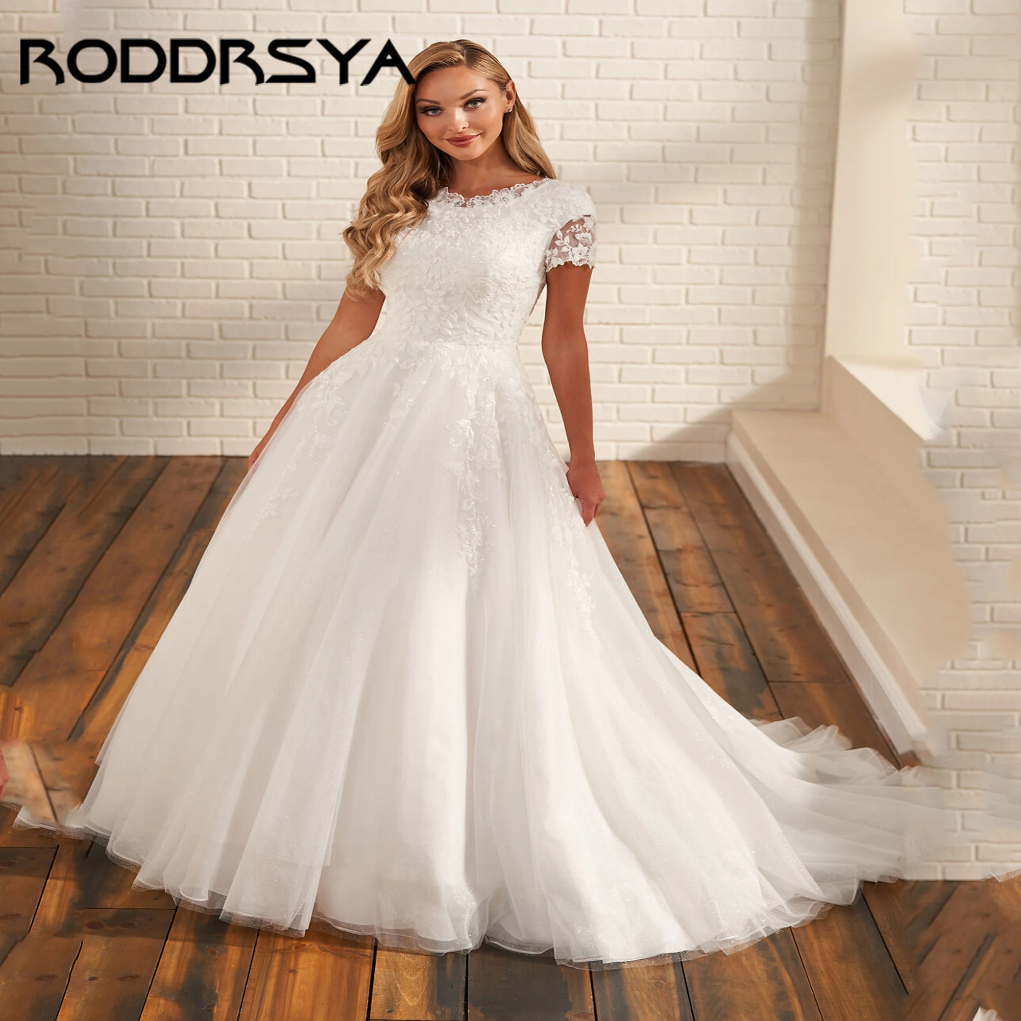 

Lace Wedding Dress For Women Bride Short Sleeve Glitter 2025 Lace Applique A-Line Luxury Bridal Gown Vestido De Novia Customized