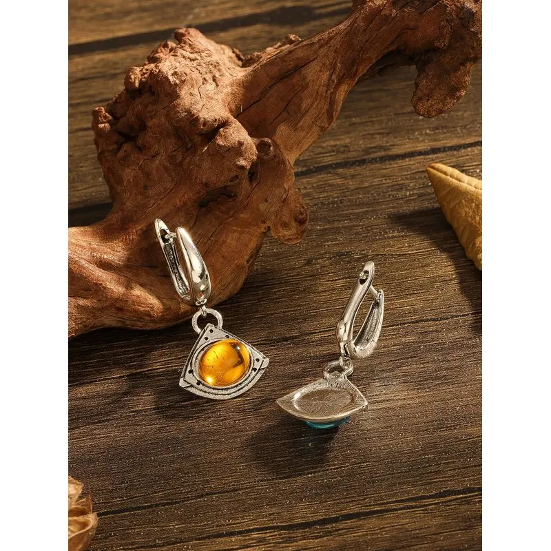 Luxurious Silver Geometric Triangle Fashionable Yellow And Blue Gemstone Earrings Suitable For Women To Wear