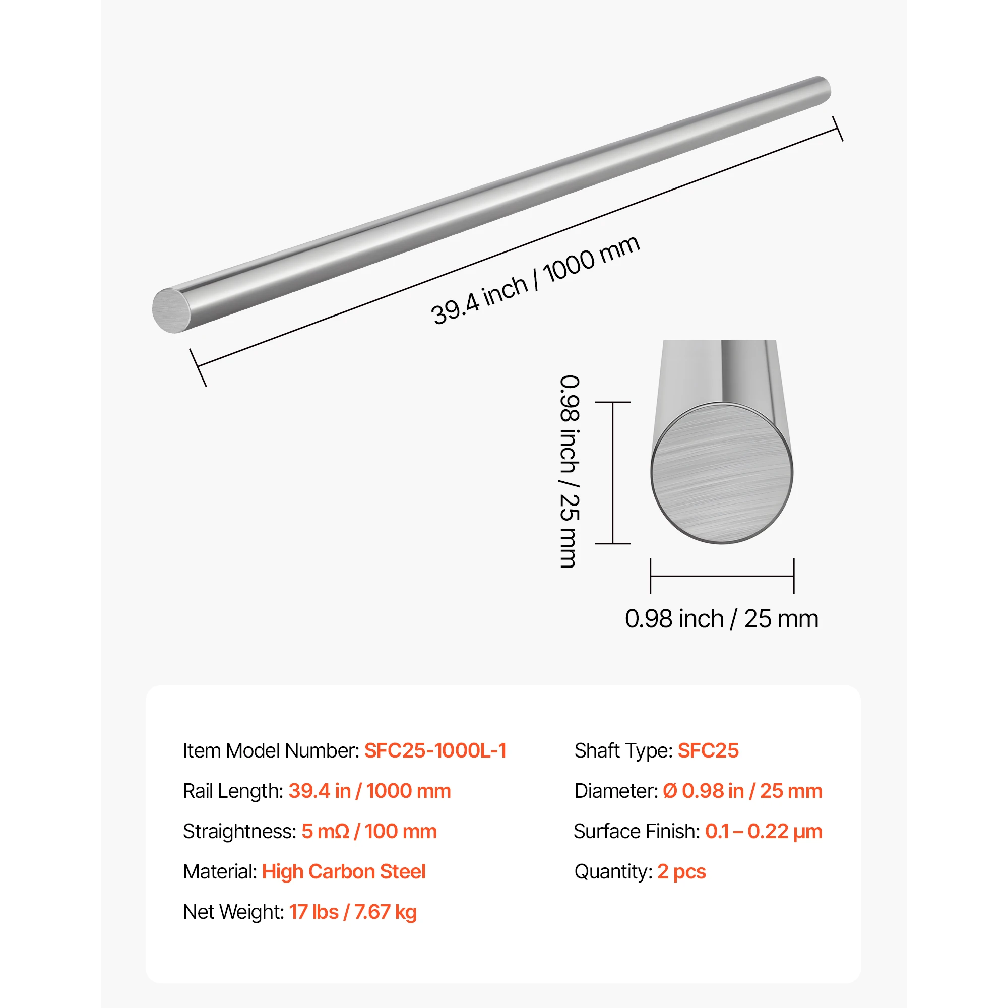 SucceBuy Linear Motion Rod/Rail Kit 25x1000/20x1200mm Carbon Steel Linear Rod Shaft High Precision for Cutting Grinding Machine