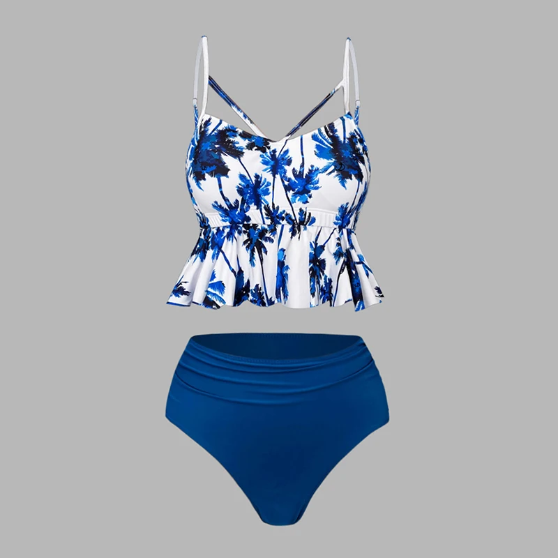 Dressfo Women's Coconut Tree Pattern Cut Out Spaghetti Strap Ruffle Bowknot Top and Tummy Control Briefs Beach Tankini Swimsuit