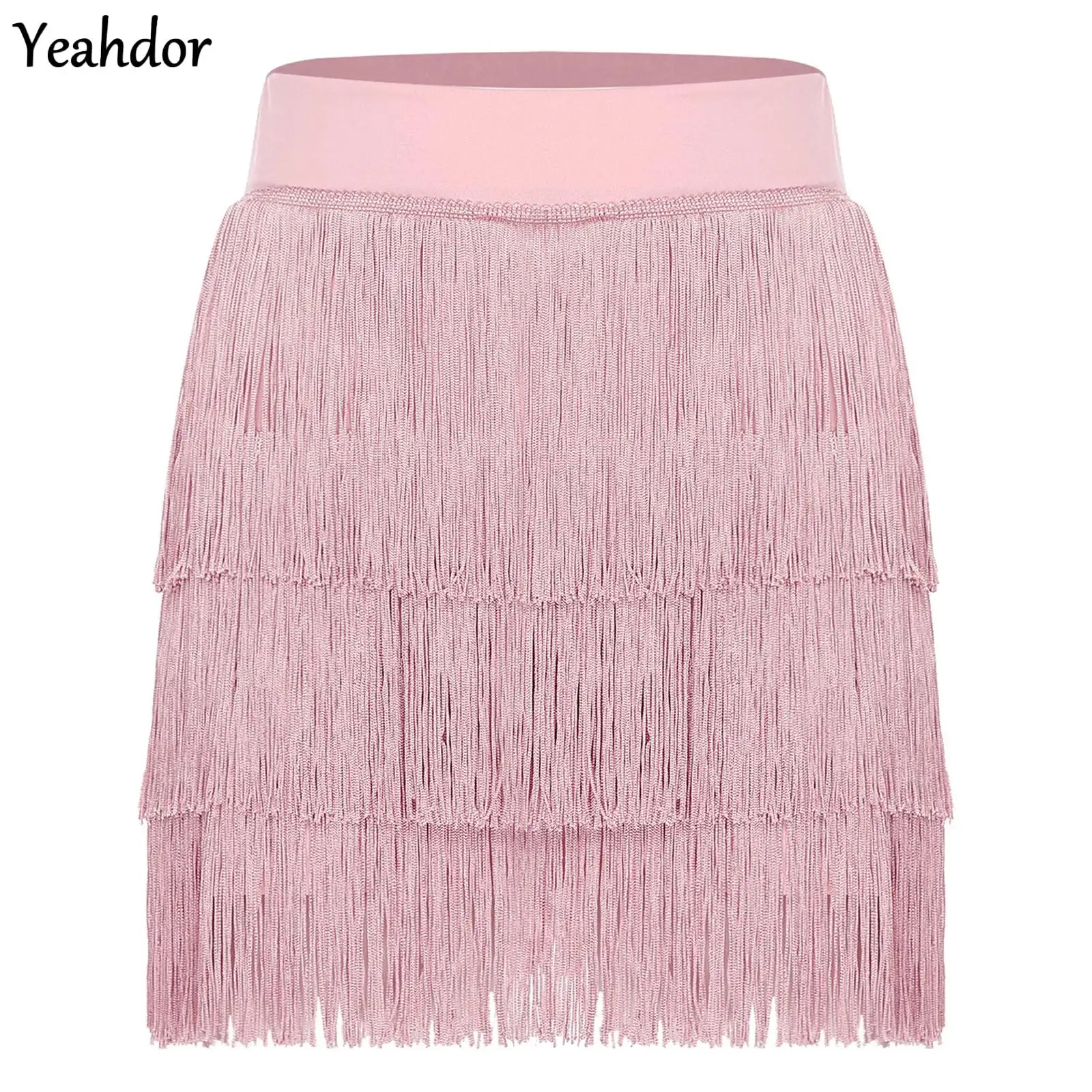 

Women Latin Dance Skirt Built-in Shorts Elastic High Waist Tiered Tassel Skirt Chacha Tango Samba Balls Fringe Dance