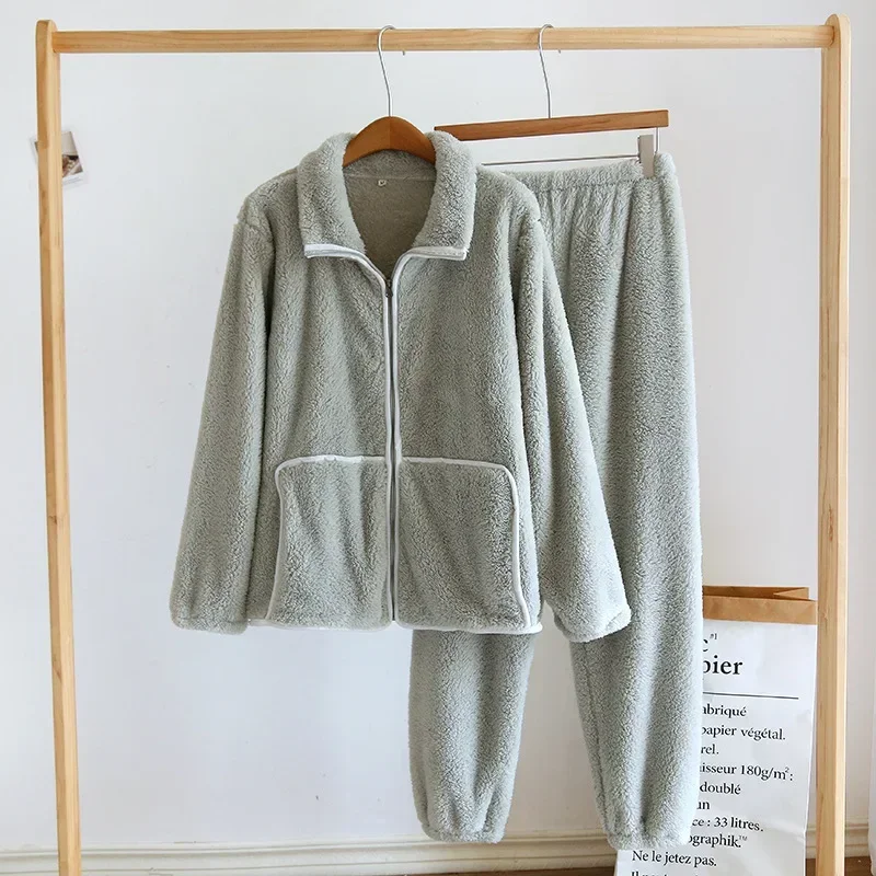 2025 invierno nuevo conjunto de ropa de dormir para parejas franela cremallera pantalones de manga larga dos piezas Coral felpa gruesa piel de hogar