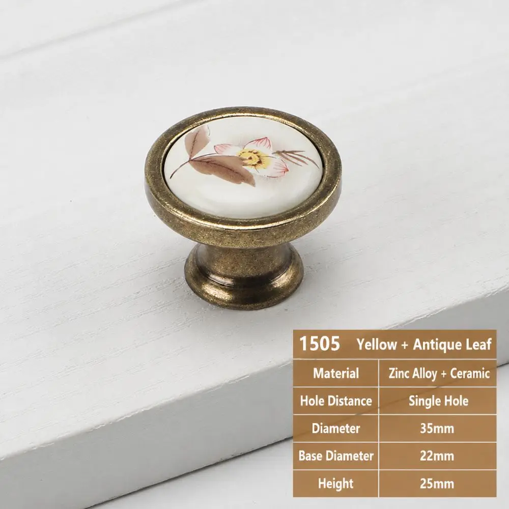 European Style Retro Knob Handle Ceramic Alloy Sturdy Furniture Cabinet Handles Floral Print Wardrobe Door Handle