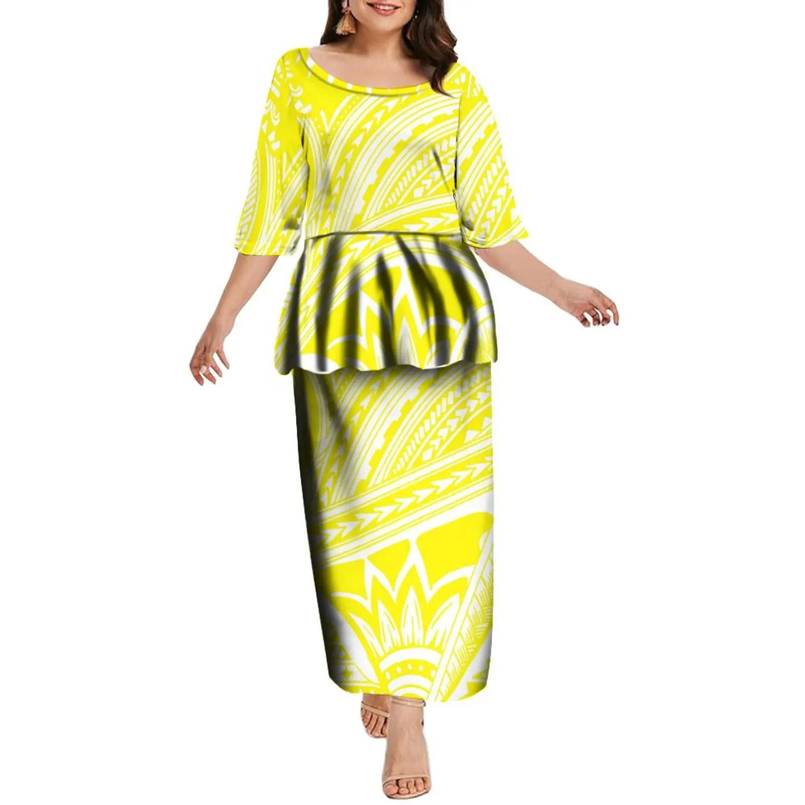 Women'S Crewneck Mid-Sleeve Dress Puletasi National Costume Polynesian Tribe Custom Top And Long Skirt Two-Piece Set