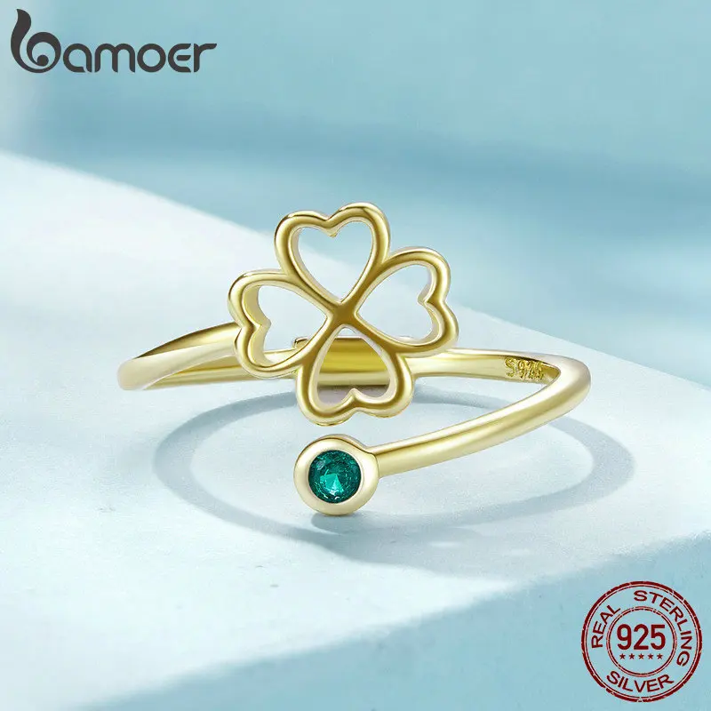 BAMOER 925 Sterling Silver Simple Four Leaf Clover Ring for Girl, Women 14K Gold Plated Promise Lucky Ring 3 Colors SCR843