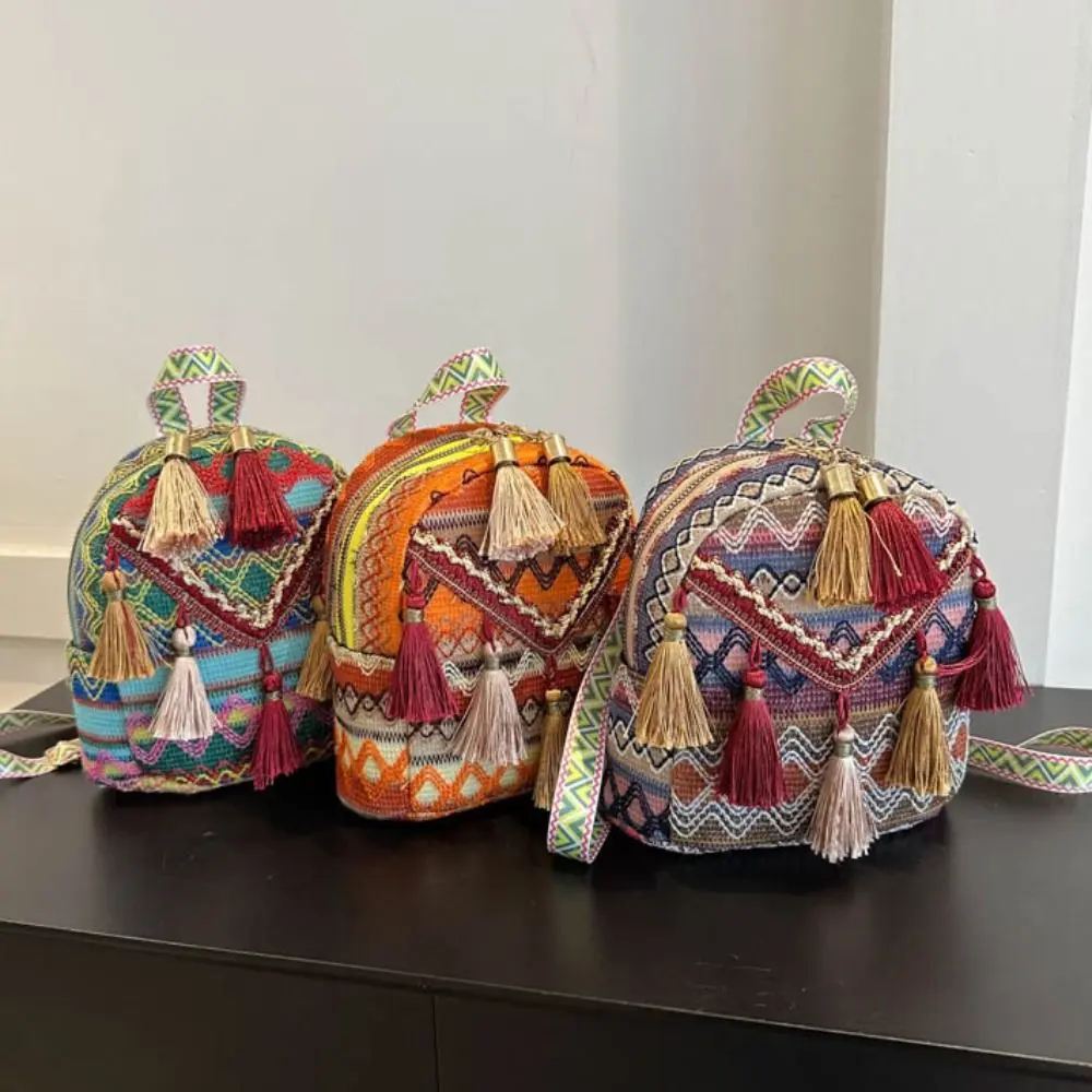 Embroidery Ethnic Style Tassel Backpack Stripe Large Capacity Canvas Tassel Shoulder Bag Phone Bag Korean Style