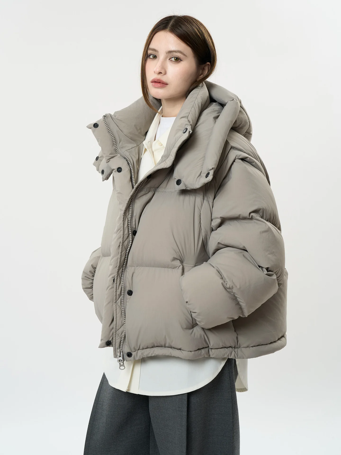 Winter women\'s casual solid color loose hooded thick down jacket coat