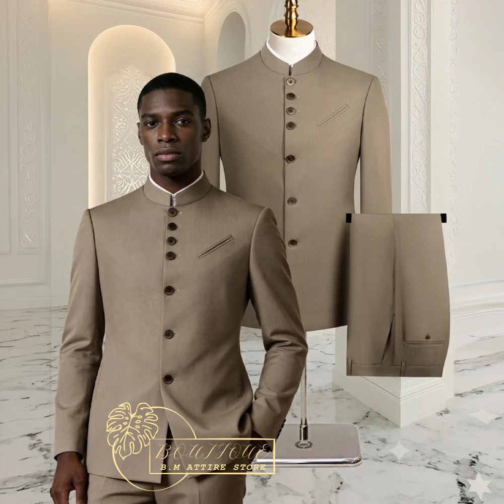 Fashion Men's Suit Khaki 2-piece Set Formal Safari Stand Collar Jacket Pants Custom for Wedding Groom Business Party Tuxedo