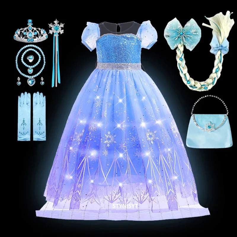 Disfraz de princesa Elza Spirit con luz LED para niñas, disfraz de Reina de la nieve, vestido azul de Elza para Halloween, 2025