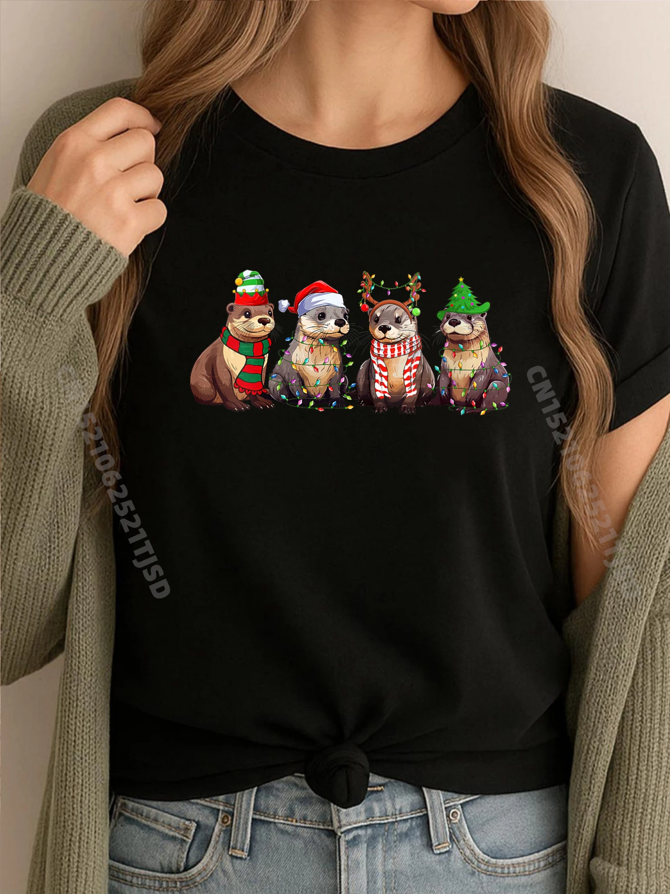 

Женские милые рождественские пижамы с выдрой, рождественские огни, уличная одежда для любителей животных, женские забавные футболки, свободные