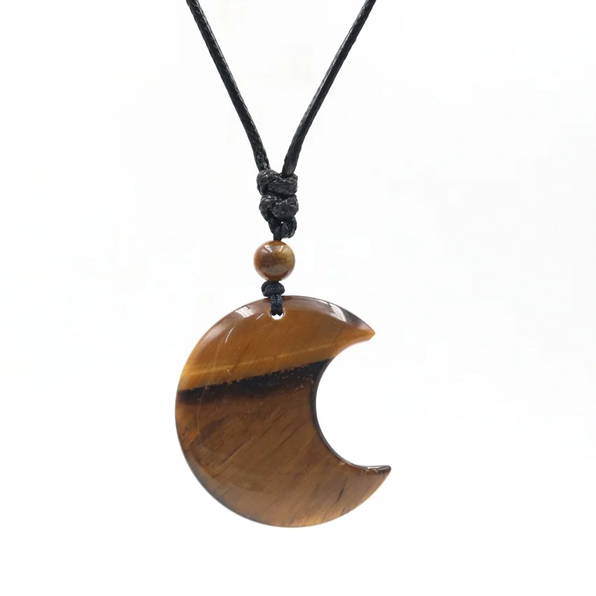 Collar de cuerda de cristal de luna creciente, colgante de piedra Natural, ojo de tigre, amatistas, cuarzo rosa, obsidiana negra, collar envolvente
