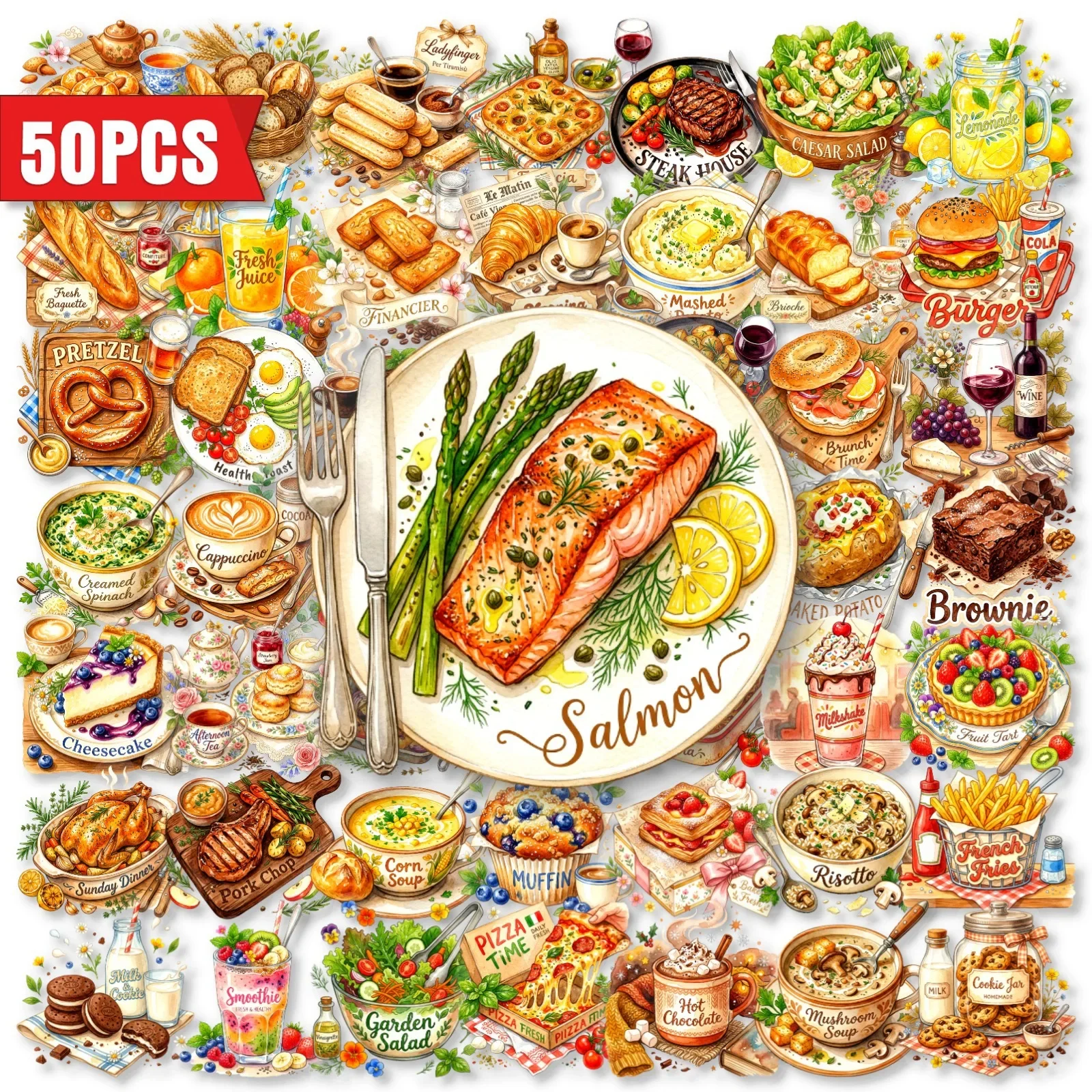 

New Arrival 50pcs Food Illustration Stickers, Flavor Snacks, Bread & Snack Materials, Waterproof Transparent PET Stickers