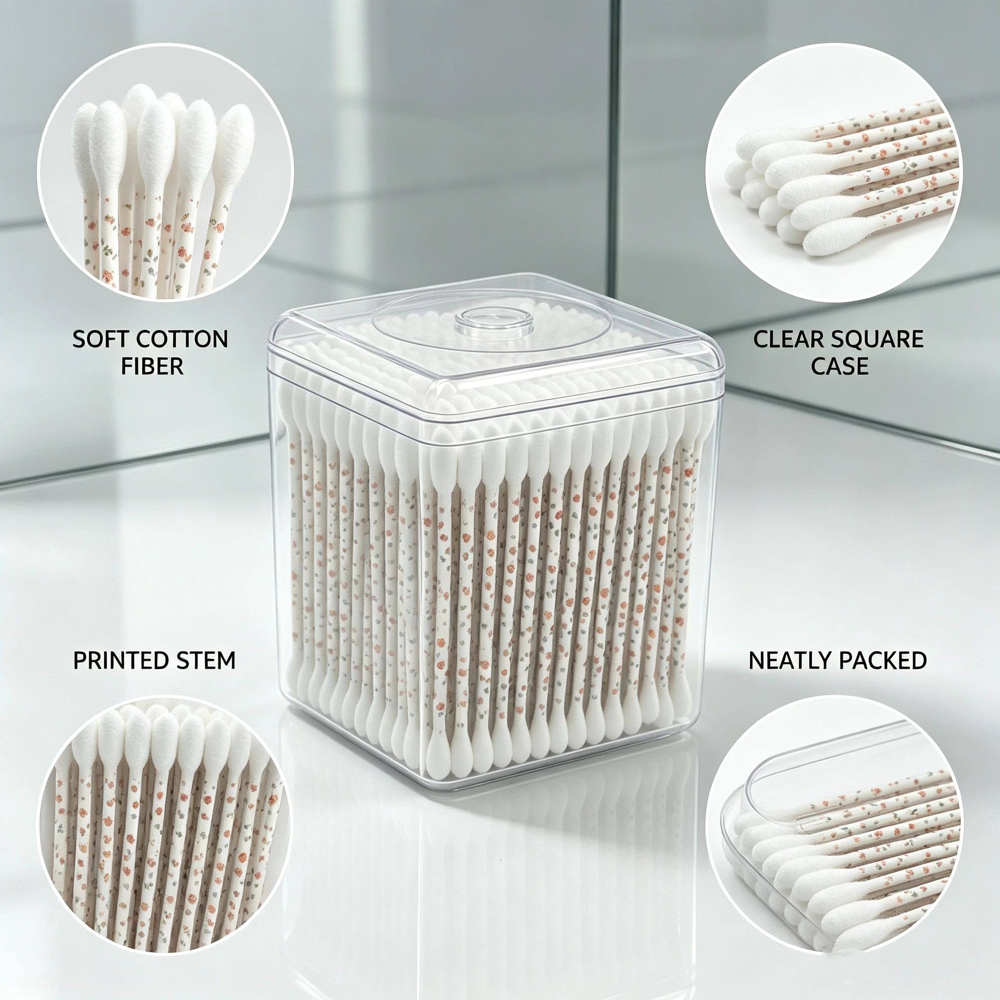 200 transparent square-box printed paper-stick cotton swabs with dual soft cotton tips and dust-proof storage case