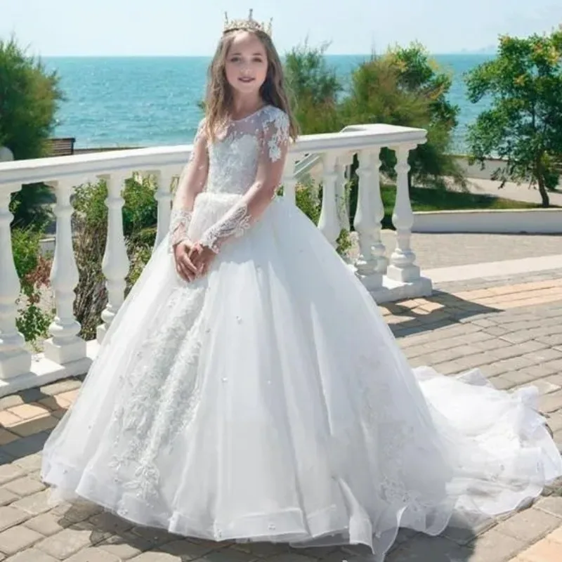 White Flower Girl Dress Beautiful Tulle Lace Appliques Pearl Long Sleeves Fit Wedding Birthday Princess Pageant Gown