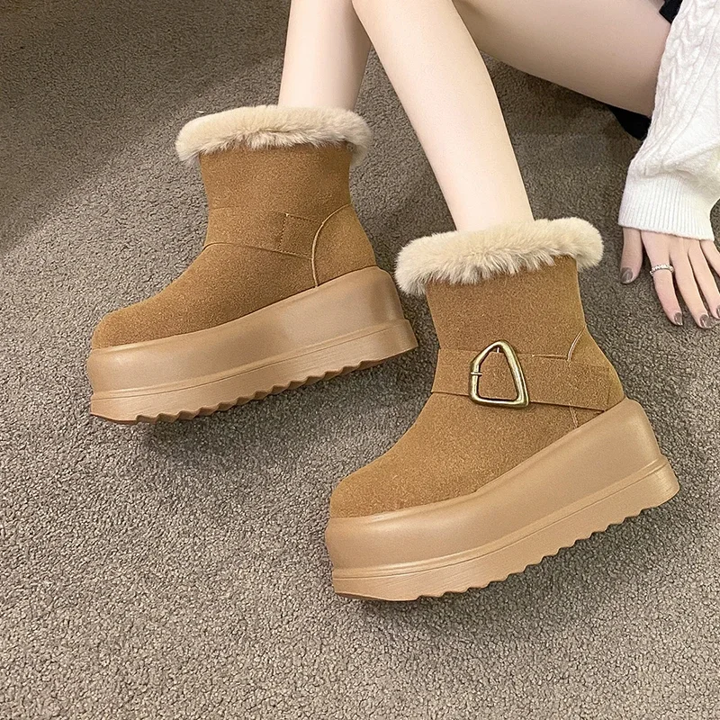 8cm novas mulheres botas de neve de pelúcia quente antiderrapante botas de inverno camurça couro grosso tênis de pele grossa botas de tornozelo de plataforma alta