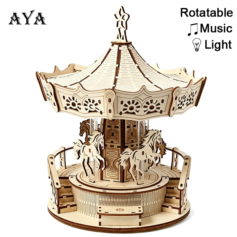Musical Carousel 3D Wooden Puzzle Rotatable Music Box With Light DIY Assembly Model Kit Toy Decoration Gift for Teens Adult