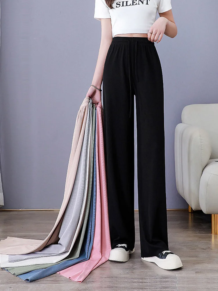 Women Pants Spring Summer Ice Silk Wide Leg Pants High Waist Loose Straight Casual Pant Female Outdoor Black Trousers