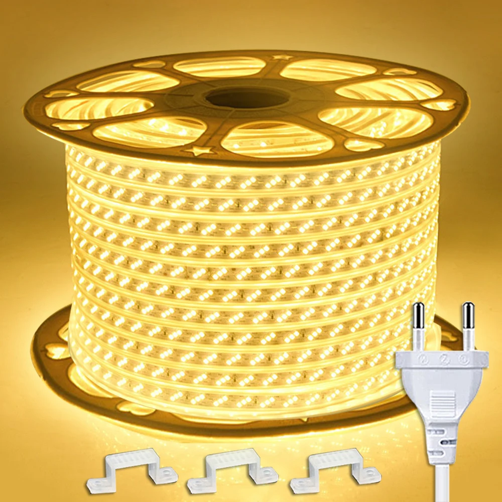 220V LED Strip 2835 High Brightness Led Ribbon Tape Waterproof LED Strip 220v With EU Power Plug for Home Room Garden Lighting