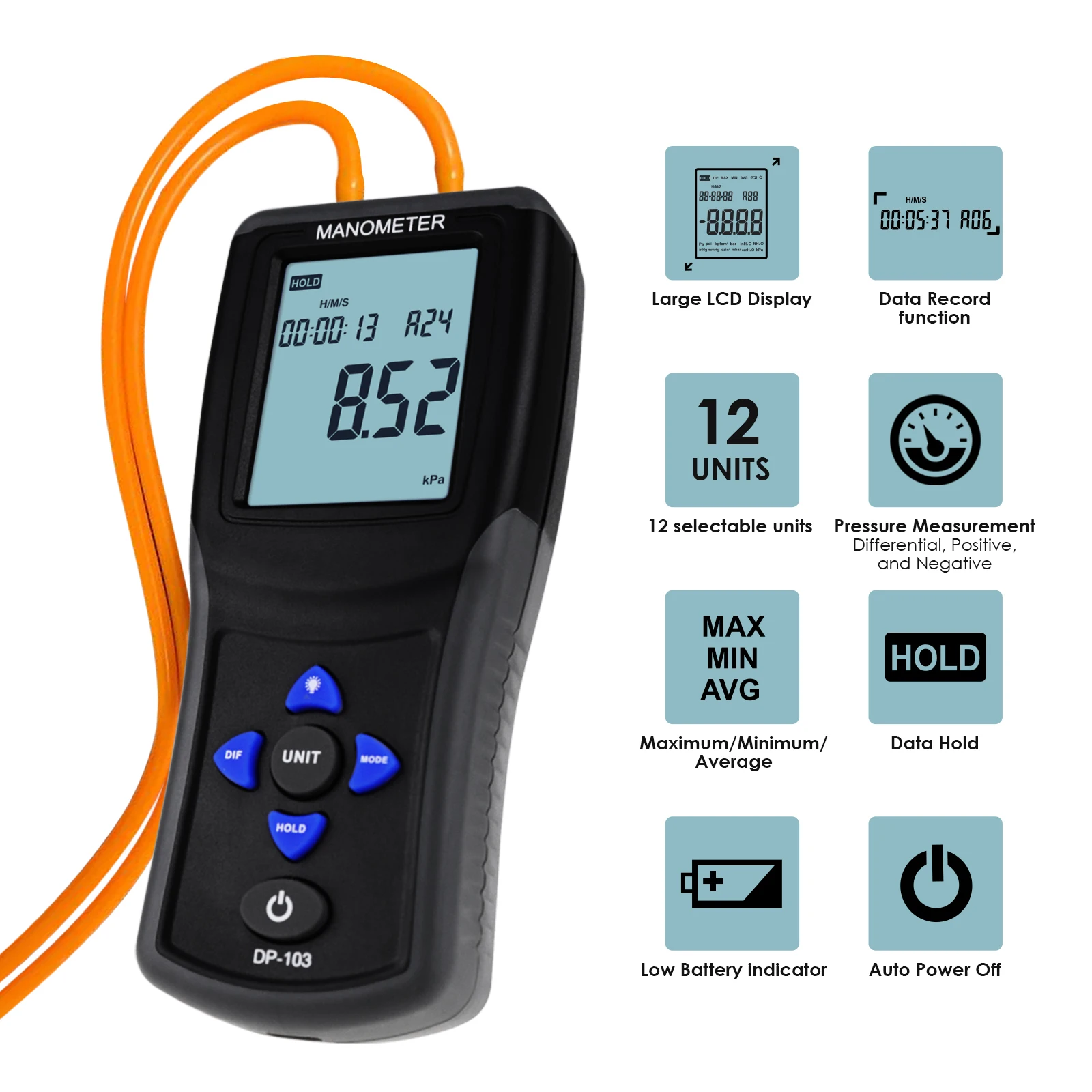 Dual Port Digital Manometer ±2.000 Psi HVAC Differential Air Pressure Gauge Gas Vacuum Tester 12 Units Data Log