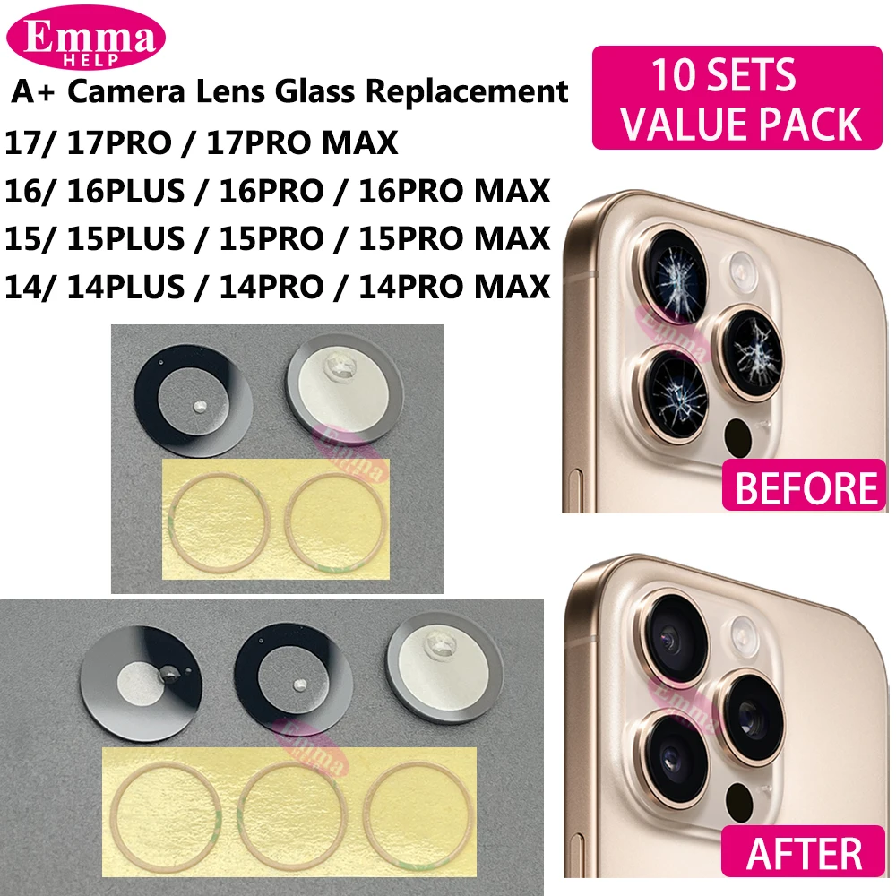 10set A+ Rear Camera Glass for iPhone 13 14 15 16 17 Pro Max Back Lens Cover with Adhesive Repair Parts