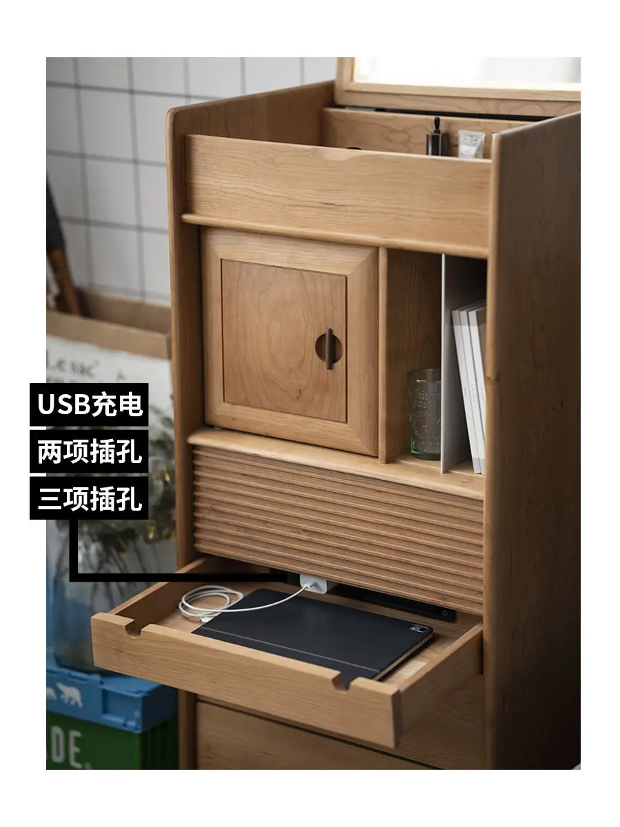 Soft dressing, bedside integrated cabinet, solid wood bedroom, large-capacity storage, vanity table, retro wabi sabi