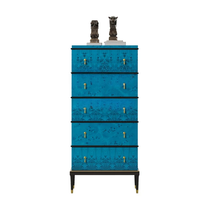 -Style Light Luxury Chest of Drawers Bedroom Solid Wood Storage Organizer Side Cabinet Blue