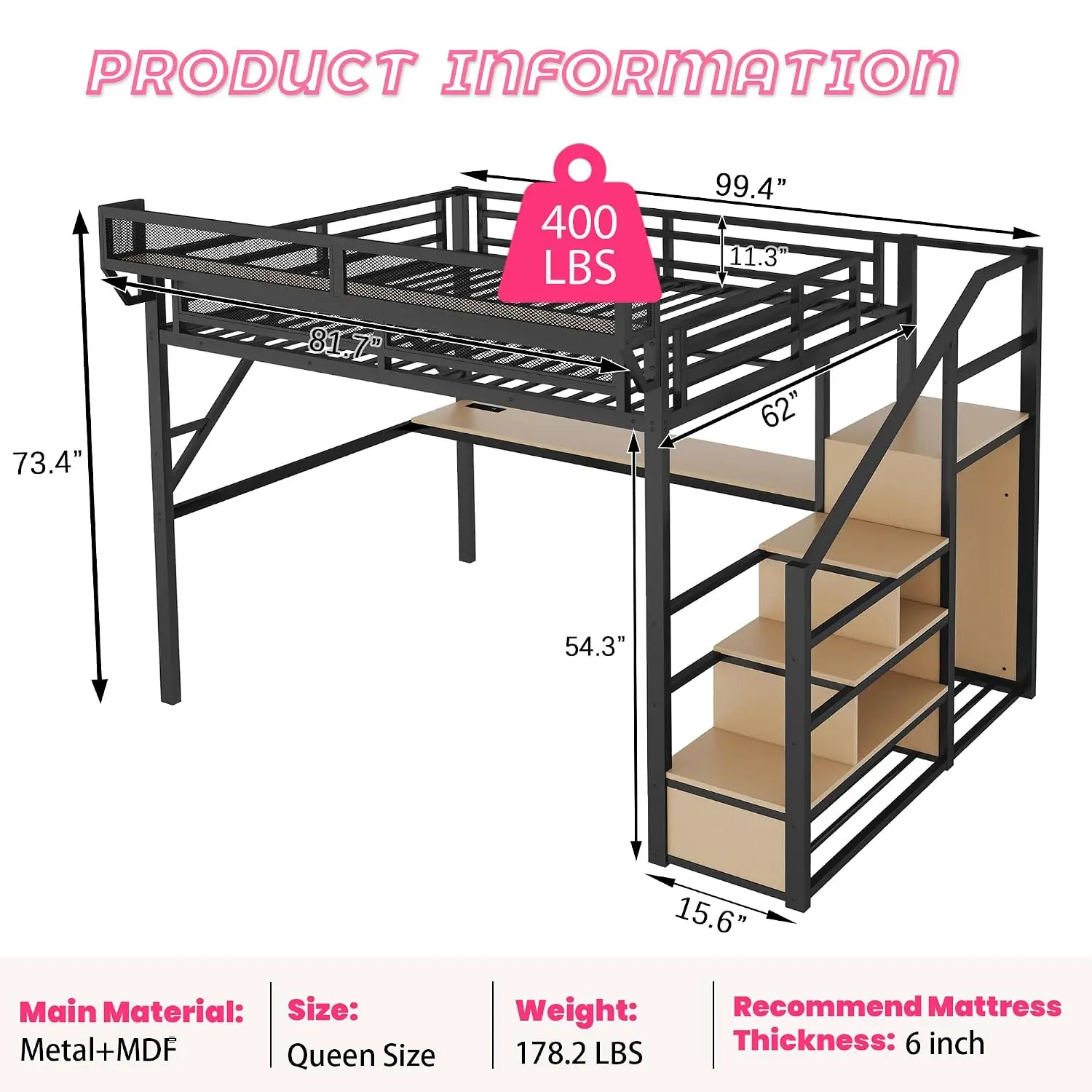 Metal Loft Bed with Desk & RGB LED,Queen with Stairs & Charging,Kids Loft Bed with Storage & Wardrobe,Customized image 2