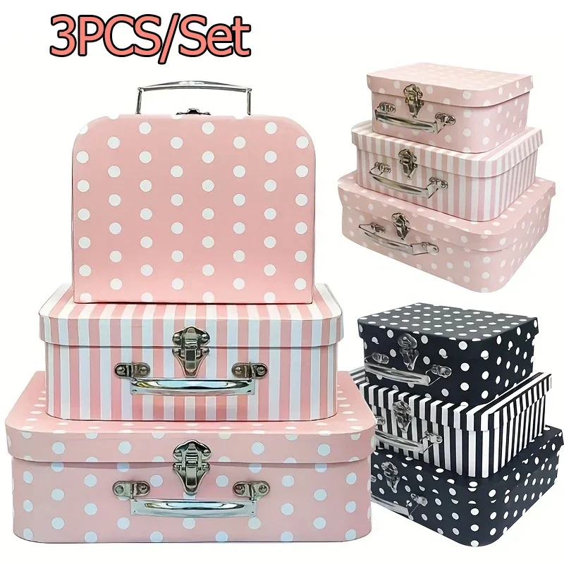 3pcs Vintage Style Cardboard Box Gift Box Set - Polka Dot And Stripe Design, Rural Wedding Travel Box, Party Gift Accessory Box