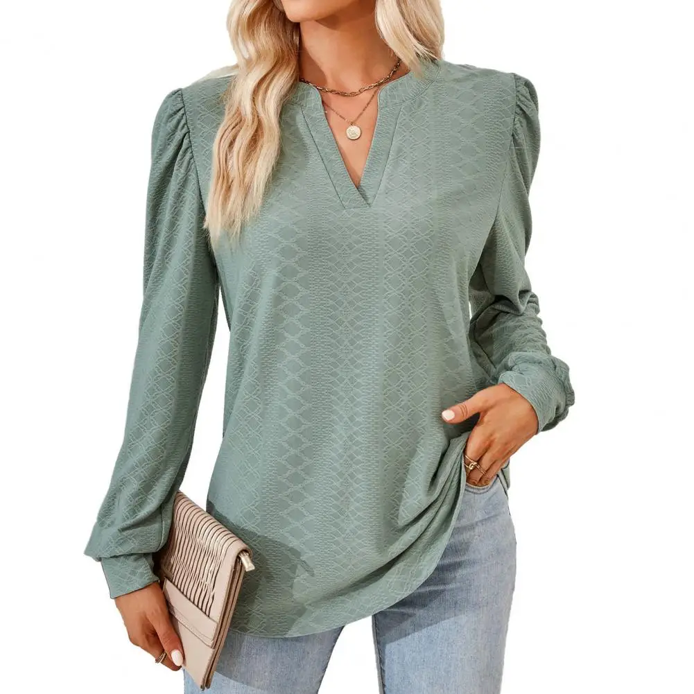 

Women Spring Fall Top V Neck Long Sleeve Loose Applique Pullover Soft Solid Color OL Commute Lady T-shirt Mid Length Blouse