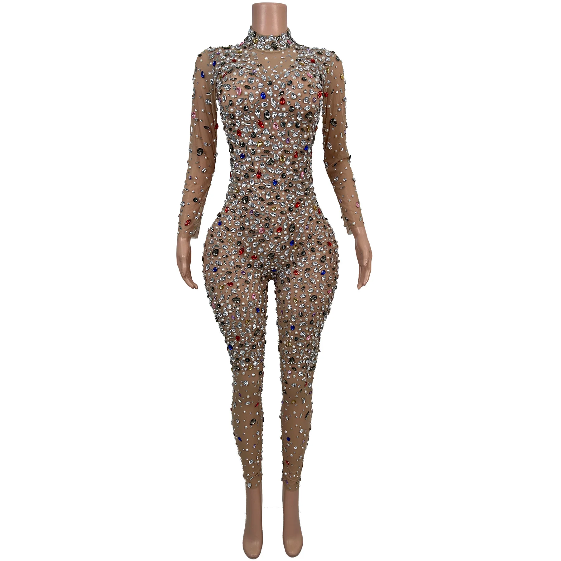 Shiny Stretch Mesh Rhinestone Pearls Party Jumpsuit Women Night Club Rompers Stage Performance Bodysuit Dance Festival Outfit