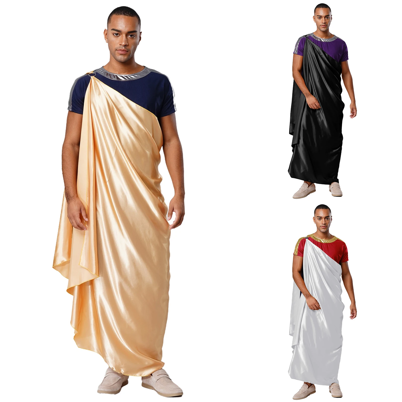 

Men Greek Cosplay Halloween Costume Outfit Short Sleeve Long Robe with One Shoulder Satin Cape for Theme Party Fancy Dress Ball