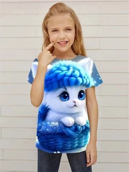 Children's Clothing T-Shirts for Girls 3D Kitten Tops Kids Summer Clothes Trendy Girl Clothes Round Neck Tops T-Shirts for Girls