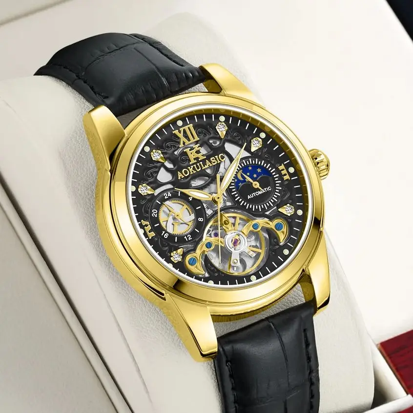 

High-End Business Multifunctional Men's Mechanical Watch, Skeleton Design, Automatic Winding, Round Dial, Leather Strap, European and American Style Luxury Fashion Casual Cool Men's Watch, the Best Gift for Your Boyfriend