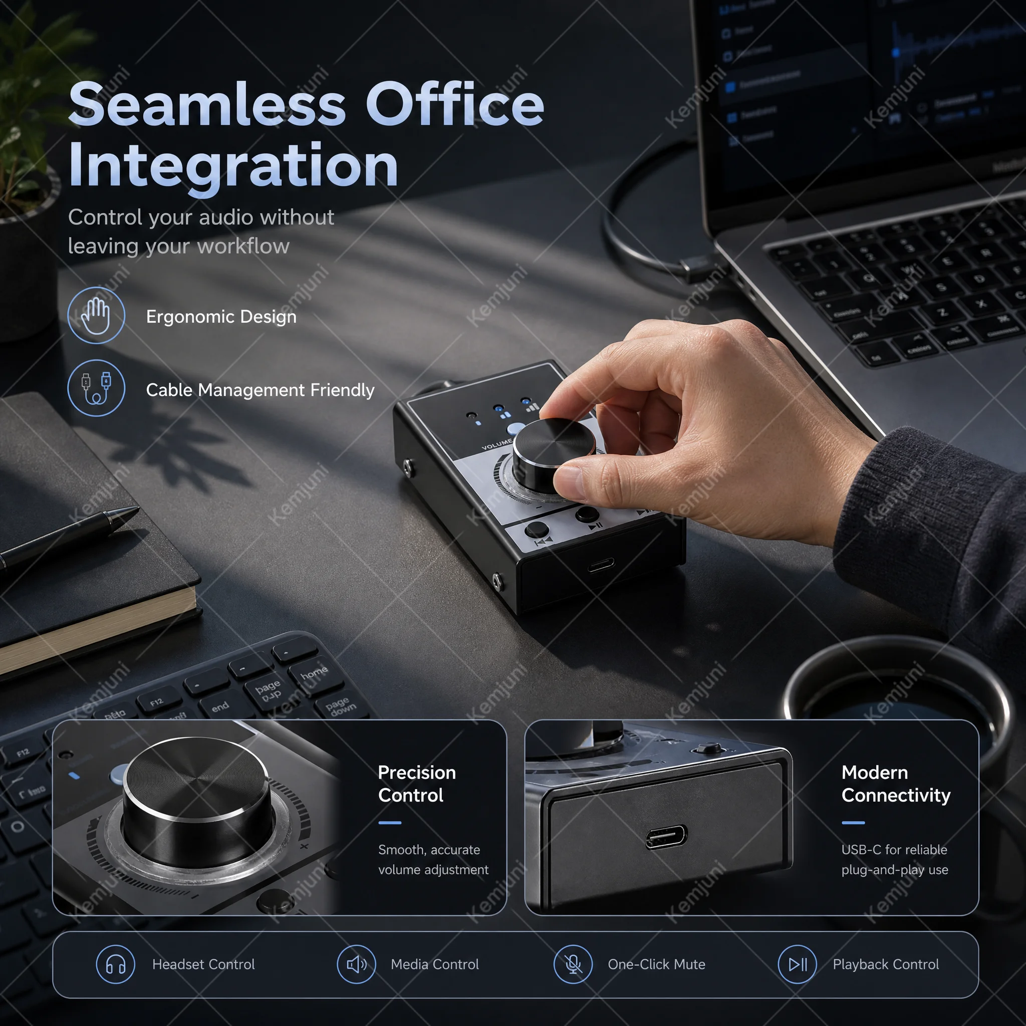 Computer Volume Control Multimedia USB Volume Adjustment Song Switching One Click Mute One Click Play KT2 view 3