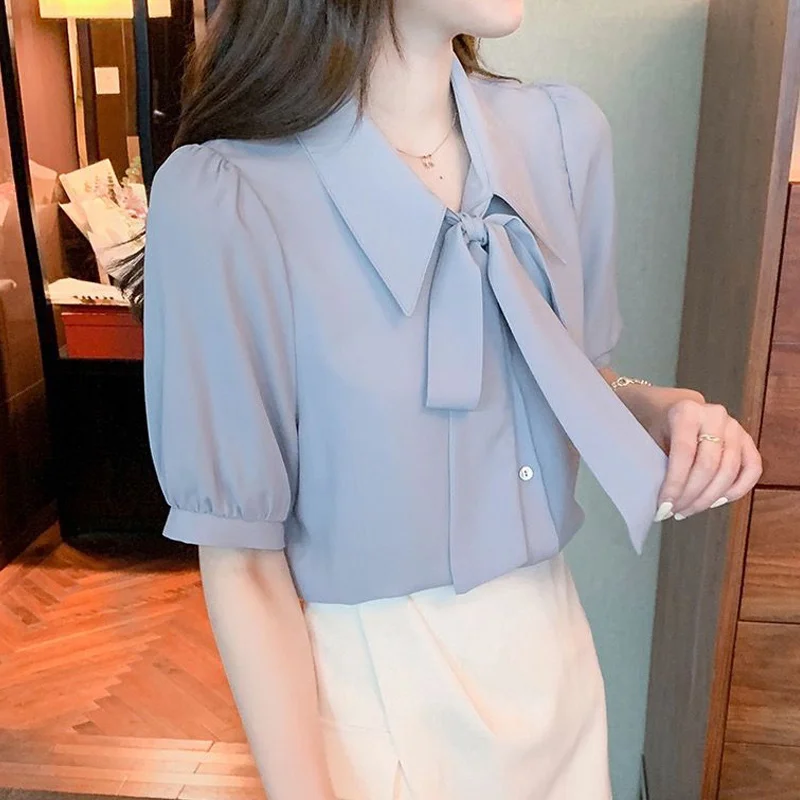 Elegant White Bow Patchwork Shirt Tops Summer New Polo Neck Short Sleeve Solid Color Loose Blouse Sweet Fashion Women Clothing