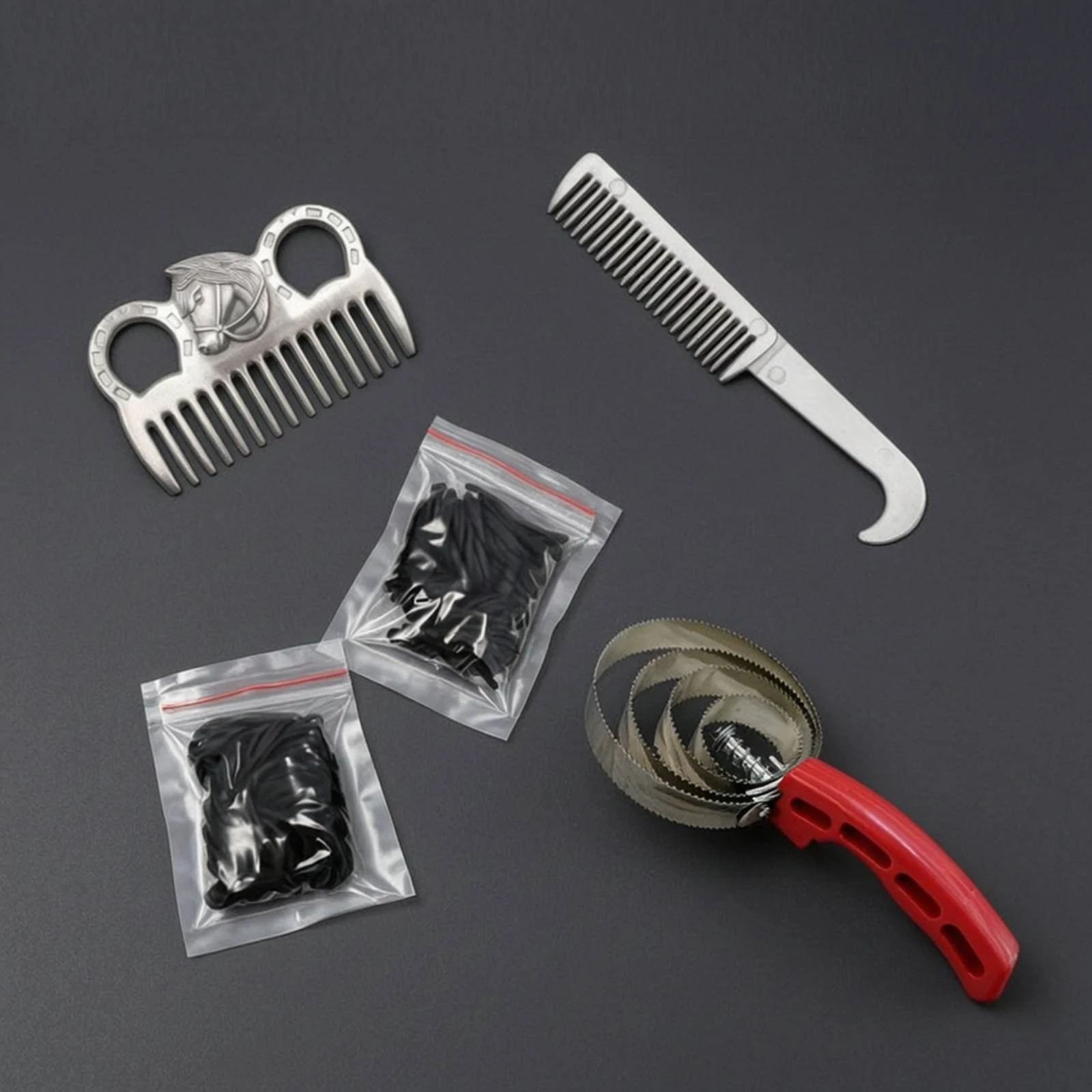 5 Pieces Horse Grooming Kit with Sweat Scraper Detangling Horse Comb Set with Hair Bands Sturdy Safe for Riders, Stable view 5