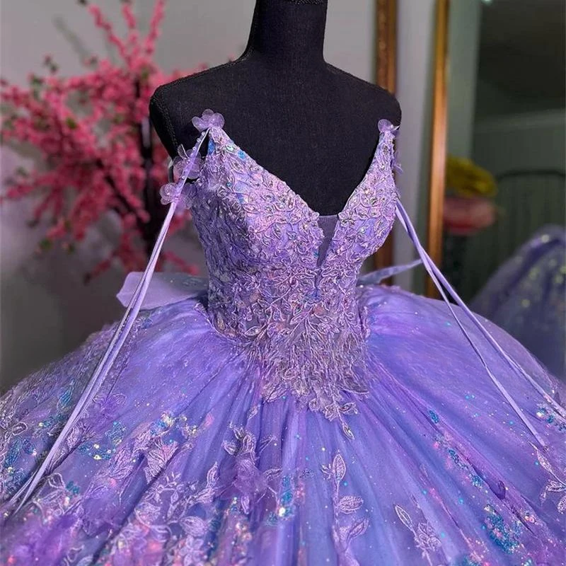 Vestido Quinceanera com renda com espartilho de renda, vestido de baile frisado, roxo lilás, vestido Sweet 16, 15 Quinceanera, 2024