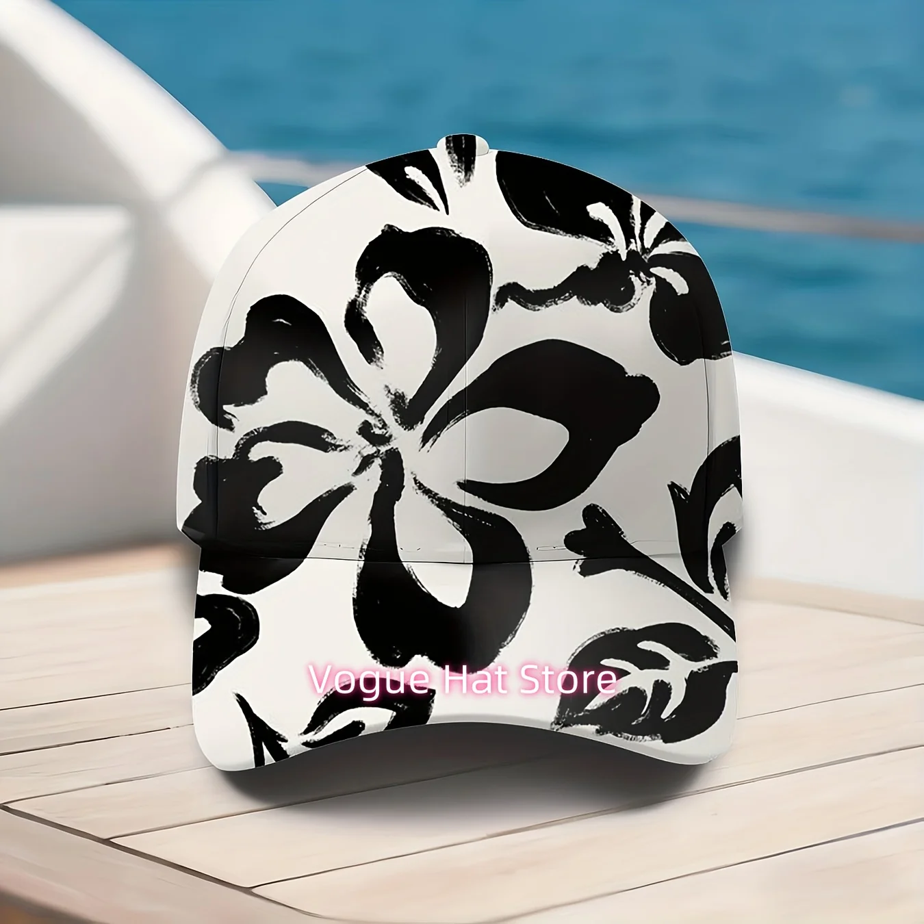 Men's & Women's Tropical & Black White Floral Print Baseball Cap - Adjustable Unisex Hat with Full-Body Flower Pattern, Machine