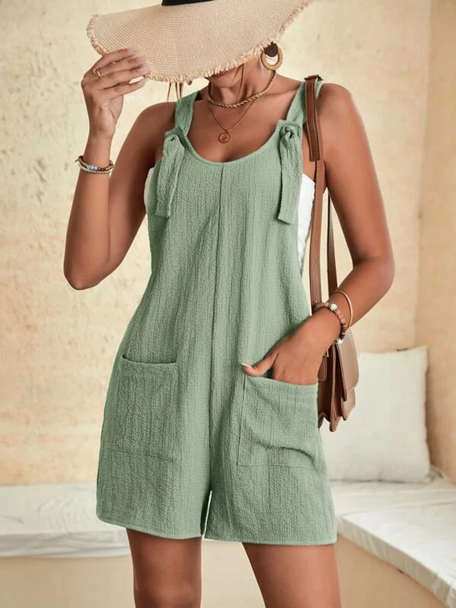 Women\'s Summer Elegant Jumpsuit Overalls Short Loose Sleeveless Wide Leg Overall Solid Casul Daily Banggy Romper with Pockets