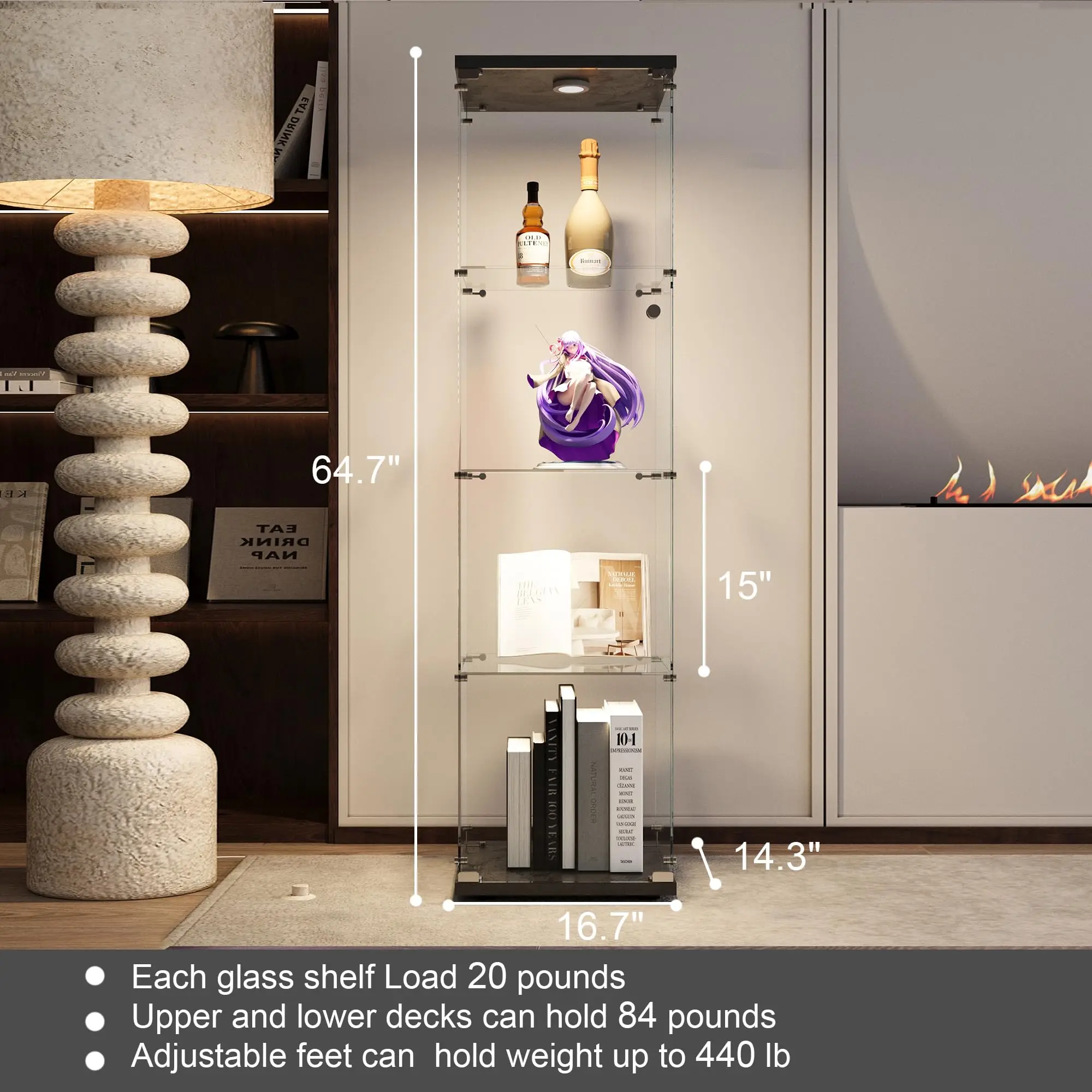 4 Shelves Glass Display Cabinet with LED Light and Door, Floor Standing Clear Glass Curio Cabinet Collection for Living