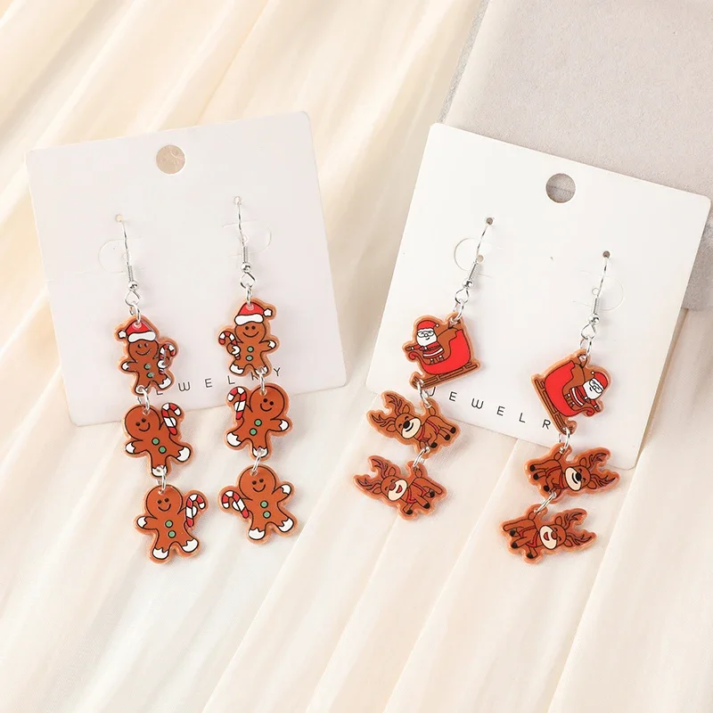 1Pair Christmas Woman Drop Earrings Acrylic Elk Gingerbread Man Santa Claus Fashion Jewelry For Woman Girl Holiday Birthday Gift