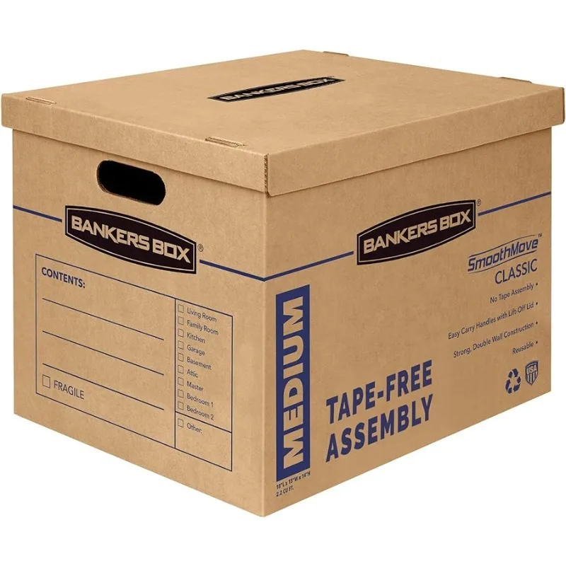 

Medium Classic Moving Box 8 Pack, Reinforced Handles, Tape-Free Assembly, Box with Lid, 19-in x 14.5-in x 15.5-in (7717201)