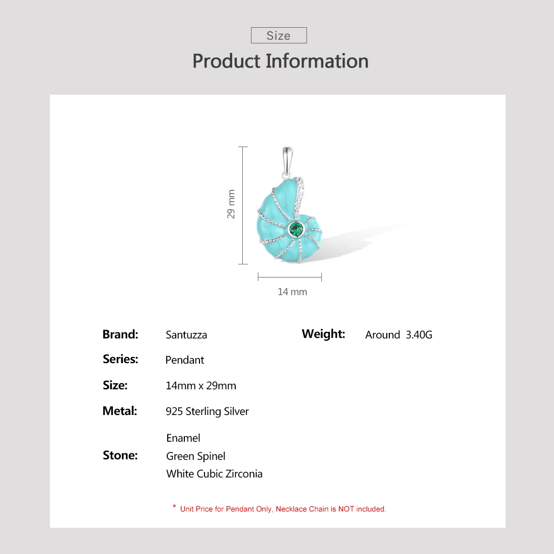 SANTUZZA Pure 925 Sterling Silver Pendant for Women Sparkling Green Spinel Enamel Cute Sea Snail Trendy Party Gift Fine Jewelry