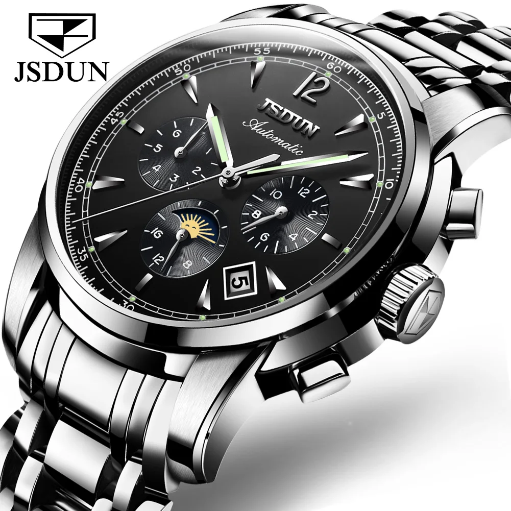 

JSDUN Original Luxury Men's Automatic Mechanical Watches Stainless Steel Waterproof Auto Date Chronograph Moon Phase Man Watch