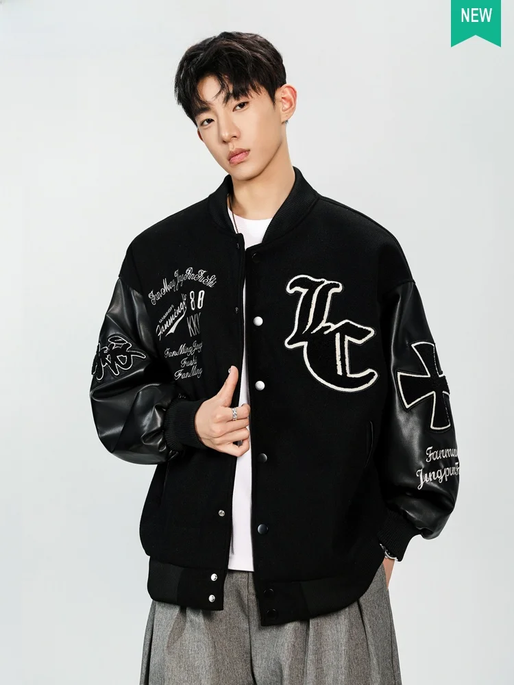 

Retro American Sle Men's Woolen Jaet Spring 2026 Loose Fit PU Leather Embroidered Baseball Sle Thin Outerwear Coat