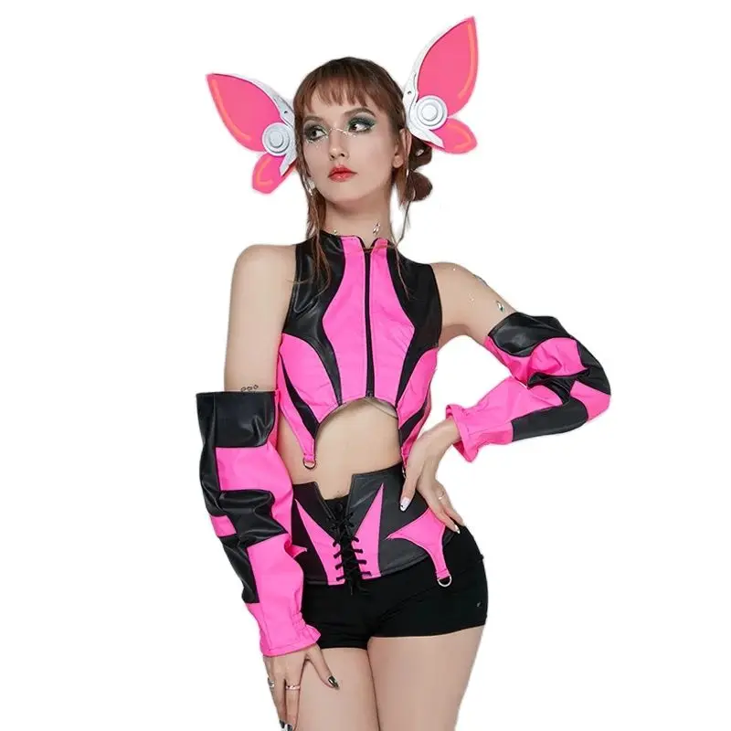 Nowe fluorescencyjne body motylkowe nakrycia głowy klub nocny DS DJ Gogo kostiumy tancerza kobiety Cosplay etap taniec na rurze Rave strój zestaw