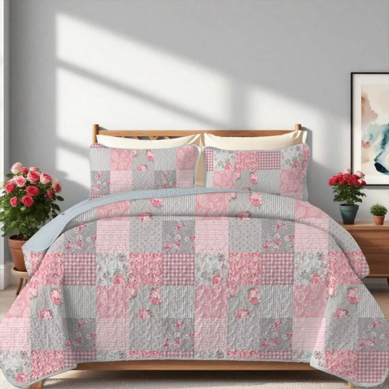 2/3 Pieces Pink Square Patchwork Floral Print Quilt Set(1 Quilt + 1/2 Pillowcases), 100% Microfiber