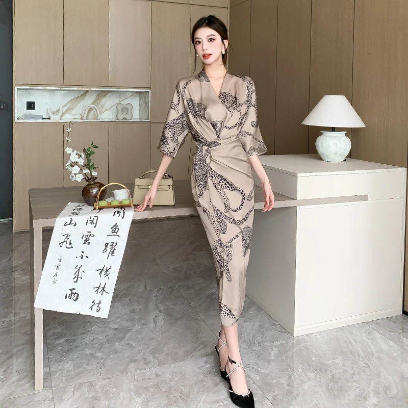 Elegancka Sukienka Satynowa w Stylu Vintage z Rozcięciem, Szykowna, Seksowna, z Dekoltem w Serek, Dopasowana, Vestidos, Jesienna Sukienka na Wakacje, Imprezę, Moda Damska, Retro Sukienki z Falbanami